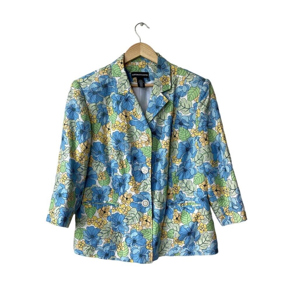 Norton McNaughton Vintage Floral Blazer Linen Size 14 Retro Jacket Spring Easter